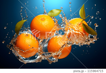 Orange juice, orange water splash, blue background 115964715