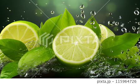 lime drops water, split lime, Limes water splash, black background lime drops water, split lime, Limes water splash, black background 115964726