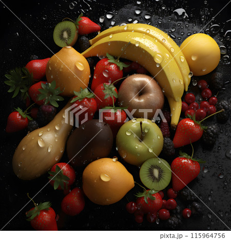 multi fruit, different exotic fruits, fruit black background, Fruits showcase 115964756
