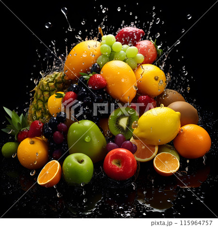multi fruit, different exotic fruits, fruit black background, Fruits showcase 115964757