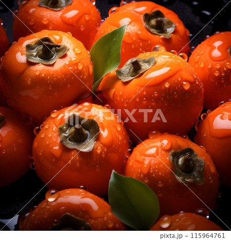 persimmon drops water, ripe persimmons, black background persimmon drops water, ripe persimmons, black background 115964761