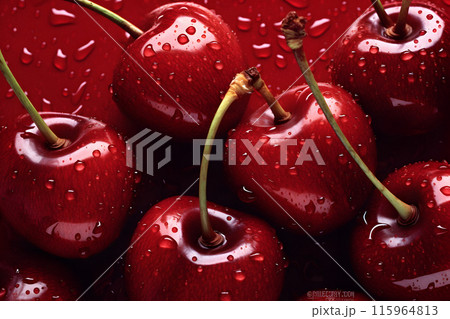 red cherry, drops water cherry, black cherries, red background 115964813