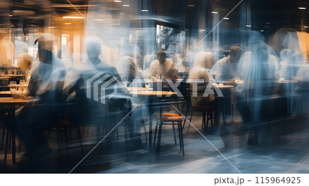 blurred cafe, Blurred restaurant background, Blur coffee shop, some people and chefs working, Movement blur, waiters working, people eating 115964925