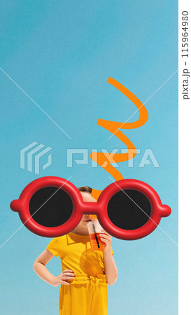 Poster. Contemporary art collage. Funny girl, little fashionista in oversized, red 3D glasses drinks refreshing, cold lemonade against blue background. 115964980
