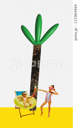 Poster. Contemporary art collage. Two children enjoying summer day under 3D palm-tree on sunny beach. 115964984