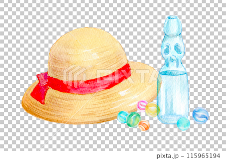 水彩イラスト 麦わら帽子とラムネ 水彩イラスト 麦わら帽子とラムネ 115965194