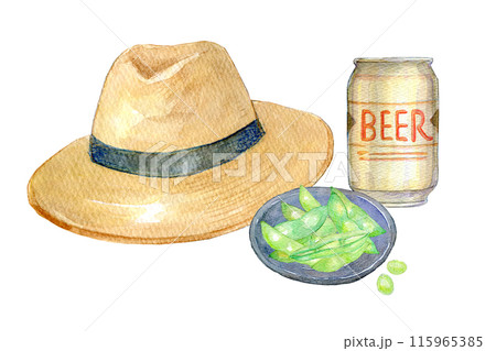 水彩イラスト 麦わら帽子とビール 水彩イラスト 麦わら帽子とビール 115965385