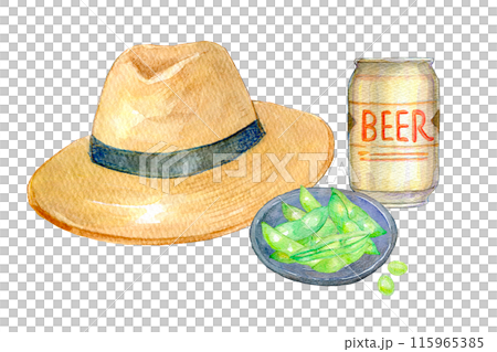 水彩イラスト 麦わら帽子とビール 水彩イラスト 麦わら帽子とビール 115965385