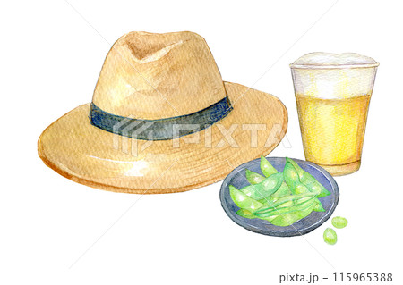 水彩イラスト 麦わら帽子とビール 水彩イラスト 麦わら帽子とビール 115965388