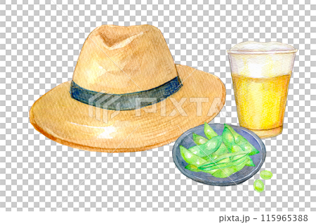 水彩イラスト 麦わら帽子とビール 水彩イラスト 麦わら帽子とビール 115965388