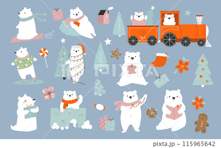 Set of winter holiday polar bears. Hand drawn vector illustrations of adorable characters 115965642