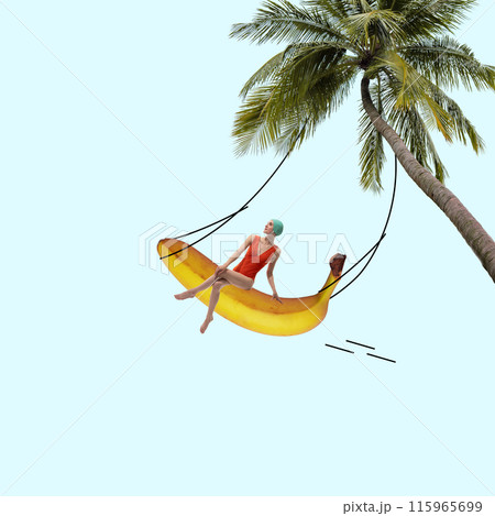 Young girl in red swimsuit sitting on banana swing on palm tree against light blue background. Tropical and exotic leisure. Contemporary art collage 115965699
