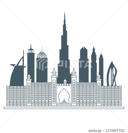 United Arab Emirates skyscrapers silhouette. Dubai buildings, hotels and symbol vector illustration. Dubai city skyline. Towers and landmarks cityscape. Camel. Design for banner, poster or print. 115965702
