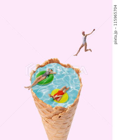 Girls enjoying in swimming pool forming ice cream cone, dicing, swimming, sunbathing, Relaxing atmosphere. Contemporary art collage 115965704