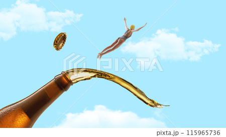 Young woman in retro swimsuit flying from bottle with beer splashes against bleu sky background. Relaxation and enjoyment. Contemporary art collage 115965736