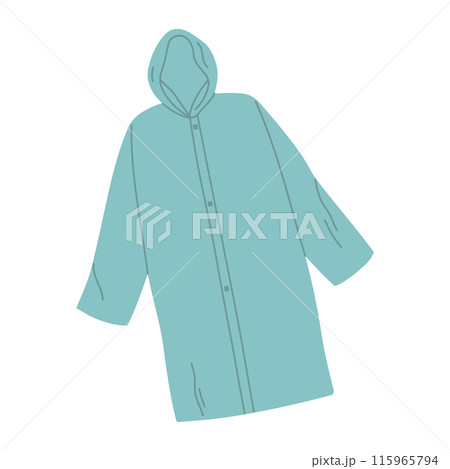 Blue raincoat. Autumn or spring raincoat protects from rain. Fall clothing for men and women. Vector flat isolated illustration Blue raincoat. Autumn or spring raincoat protects from rain. Fall clothing for men and women. Vector flat isolated illustration 115965794
