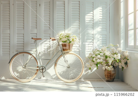 Vintage bicycle with basket of flowers against old house, calm concept 115966202