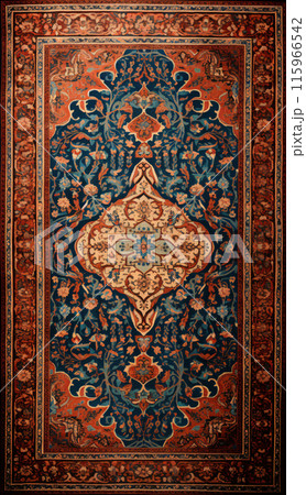 Persian carpet in red blue color with antique pattern on the floor top view 115966542