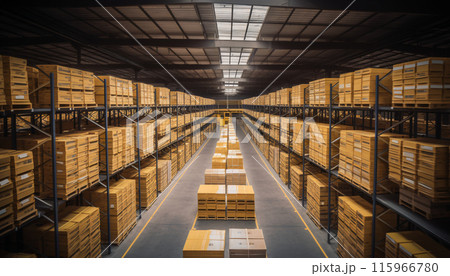 Modern warehouse with racks, boxes and containers, AI generated 115966780