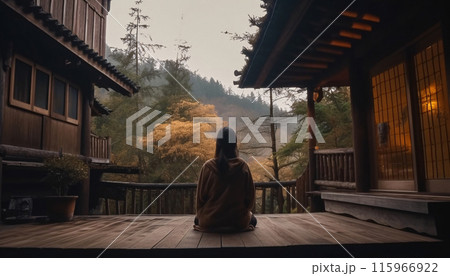 Woman yoga meditation sitting on terrace in nature, mental health care concept. AI generated 115966922
