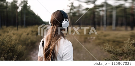 Back view woman in headphones in nature meditates, relaxes and takes care of mental health, AI generated 115967025