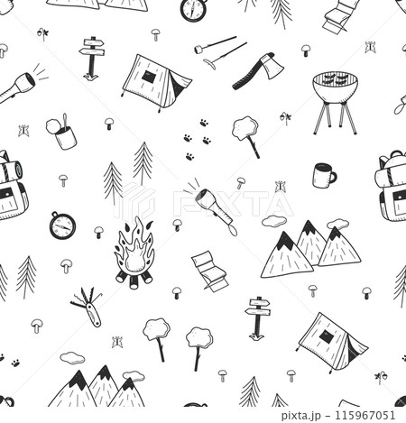Seamless Pattern Camping doodle icons set. Vector illustration of hiking elements. Seamless Pattern Camping doodle icons set. Vector illustration of hiking elements. 115967051