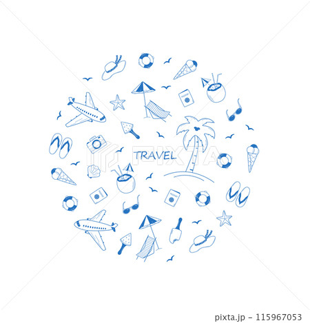Set of summer travel doodle style icons. Vector illustration of the elements of tourism and beach holidays. Set of summer travel doodle style icons. Vector illustration of the elements of tourism and beach holidays. 115967053