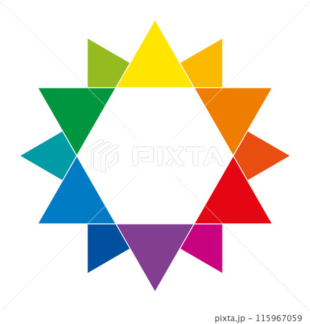 Color star, the RYB subtractive color model with the complementary and primary colors yellow, red and blue, mixed to secondary colors orange, purple and green, and extended to 6 tertiary color hues. 115967059