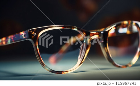 Frame glasses animal print leopard or tiger on the table on a blurred background. Generative AI 115967243