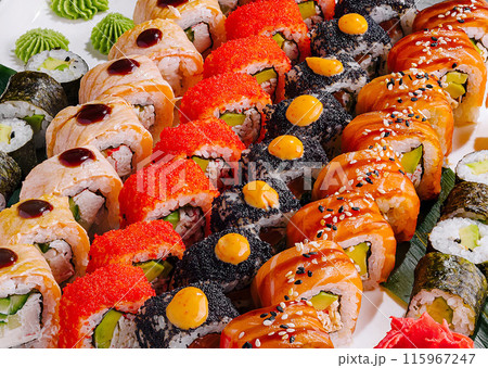 Gourmet sushi platter top view close up Gourmet sushi platter top view close up 115967247