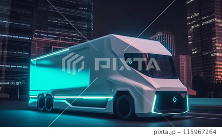 Futuristic automated unmanned cargo truck with blank side mock up on city streets in neon light, AI generated 115967264