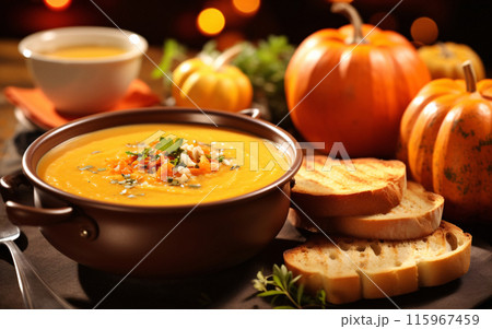 Pumpkin soup with thyme herb, cream and pumpkin seeds served in black bowl 115967459