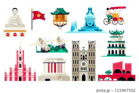 Buddhist temples and Catholic architecture - flat design style objects set Buddhist temples and Catholic architecture - flat design style objects set 115967502