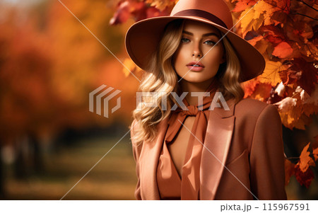 Autumn Portrait of a young beautiful strong woman in a suit and hat against the background of autumn trees and yellowed leaves Autumn Portrait of a young beautiful strong woman in a suit and hat against the background of autumn trees and yellowed leaves 115967591