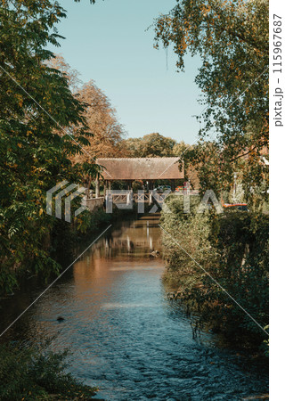 A wooden bridge in the park with and autumn colors of Bietigheim-Bissingen, Germany. Europe. Autumn landscape in nature. Autumn colors in the forest. autumn view with wooden bridge over stream in the A wooden bridge in the park with and autumn colors of Bietigheim-Bissingen, Germany. Europe. Autumn landscape in nature. Autumn colors in the forest. autumn view with wooden bridge over stream in the 115967687