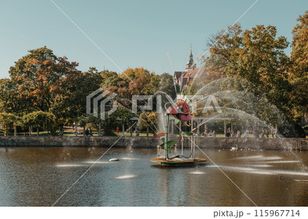 City fountain in Old European City Bietigheim-Bissingen In Germany. the City Park of Bietigheim-Bissingen, Baden-Wuerttemberg, Germany, Europe. Autumn Park and nature 115967714