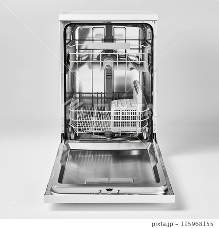 Open dishwasher displaying spacious interior, great for kitchen appliance catalogs isolated on the white background 115968155