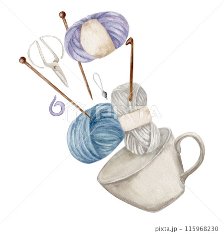 composition with cup, balls of yarn, single pointed needles, crochet, stitch markers and scissors 115968230