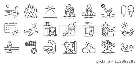 Summer icon set. It includes season, holiday, vacation, travel, tourism, and more icons. Editable Vector Stroke. 115968293
