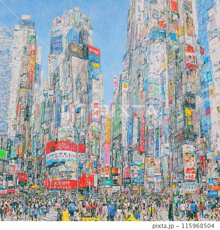 都会の風景 所狭しと建ち並ぶ高層ビル ペン画風 架空都市イメージ 渋谷