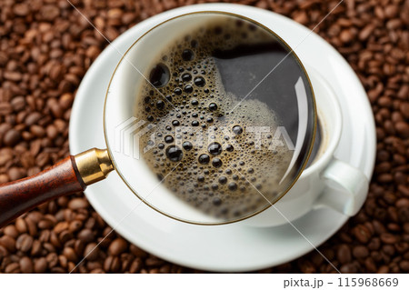 Espresso under a magnifying glass. Espresso under a magnifying glass. 115968669