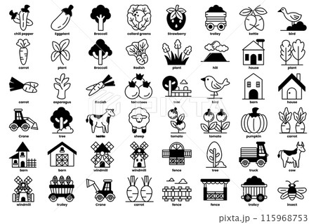 A collection of farm and garden icons, including a carrot, a cow, a house A collection of farm and garden icons, including a carrot, a cow, a house 115968753