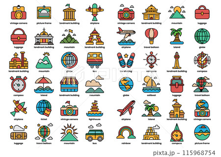 A collection of travel icons including airplanes, boats, and buildings A collection of travel icons including airplanes, boats, and buildings 115968754