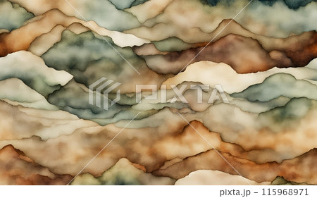 Watercolor background featuring earth-tone landscapes inspired by nature's colors, capturing a serene and natural aesthetic ideal for artistic and decorative applications. AI Generated 115968971