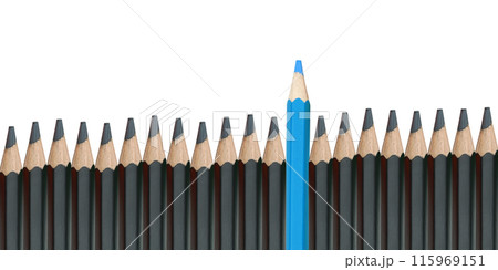 Black pencils they are arranged together and have blue Crayons is higher stacked on a white background. Black pencils they are arranged together and have blue Crayons is higher stacked on a white background. 115969151