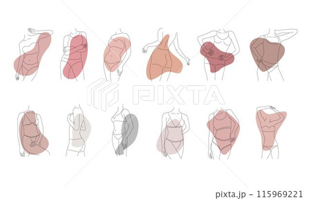 Woman body one single continuous line silhouette set. Vector stock illustration isolated on white background for design template beauty and spa calendar, social media. Editable stroke. EPS10 115969221