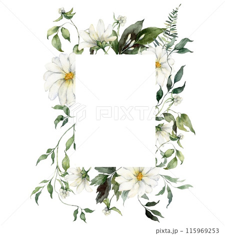 Watercolor floral vertical frame featuring flowers, herbs and buds. Hand-drawn composition of a plant bouquet on a white background. An outdoor illustration for design, printing or fabric background. 115969253