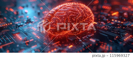 Digital Brain Integrated Circuit Board with Intricate Electronic Pathways and Advanced Technology 115969327