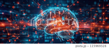 Digital Illustration Showing Detailed Anatomy of the Human Brain in Blue and Orange Colors 115969328