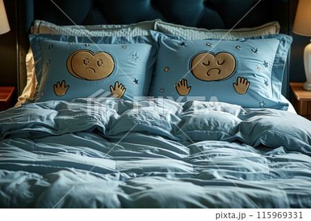 Blue Bedding Set with Funny Sad Face Pillows for a Cozy and Playful Bedroom Decor 115969331